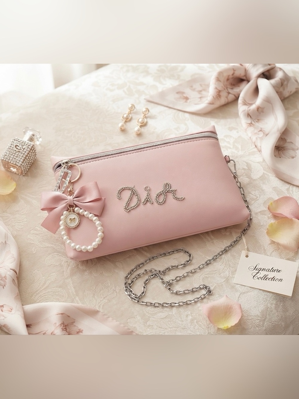 Dior Pink Pearl & Bow Embellished Crossbody Clutch